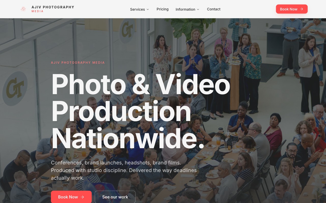 Screenshot of the AJIV Photography Media website homepage