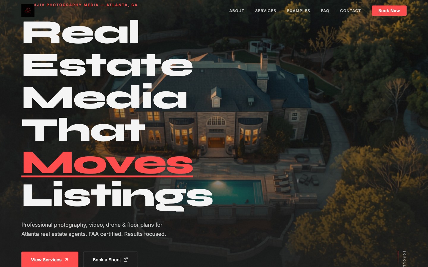 Screenshot of the AJIV Photography RE website homepage